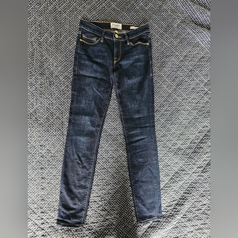 Frame Denim Women’s Skinny Jeans - Dark Indigo with Gold Stitching